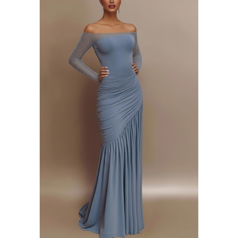 Chiclody Blue Ruched Rhinestone Mesh Off Shoulder Maxi Gown Dress Size 10 NEW